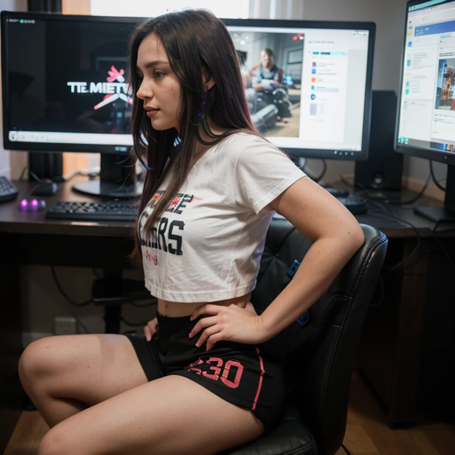 gorgeous girl in her 30s wearing black neon shorts and t-shirt, multiple highlighted colored hair, very long hair, playing video game on a large monitor, gamer girl, sitting on an gamer chair, curvy, large hip, camera takes side view photo of the girl, she is facing the desktop monitor, detailed hands, detailed fingers, RGB PC case in background