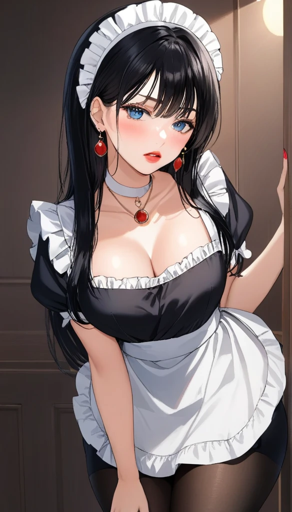 (top-quality)、(detaileds)、(1 girl in)、Colossal tits、livingroom、looking at viewert、Beautiful green eyes、A dark-haired、detaileds、maid clothes、black and white maid uniform、Bend over in a deep valley、embarrassed from