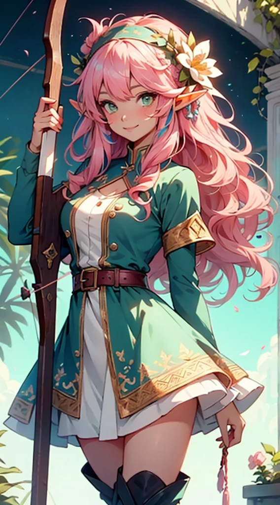 beautiful adult women elf, long pink hair and blue streaks hair, green eyes, with flower crown, smile, flirty bard, aiming an arrow from archery weapon, boots, blue and pink armor dress, medium bust,