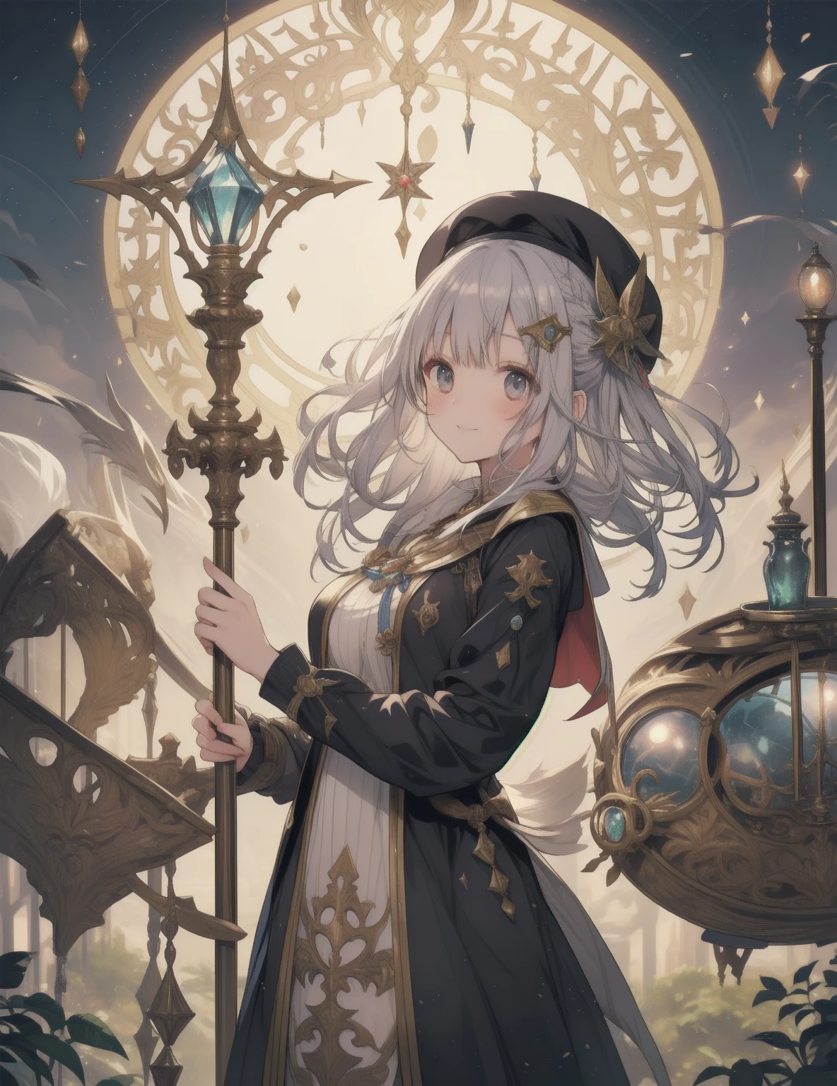 
natural lighting, dusk, dawn, light smile, upturned cheeks, slightly shining hair, half up do, beret, hair ornament, alchemist, atelier series, large staff, gold, silver, Gemstones, brilliance, precious, 1girl, solo, fantasy landscapes, Scholarly, intellectual, floating light, magnificent, splendid,