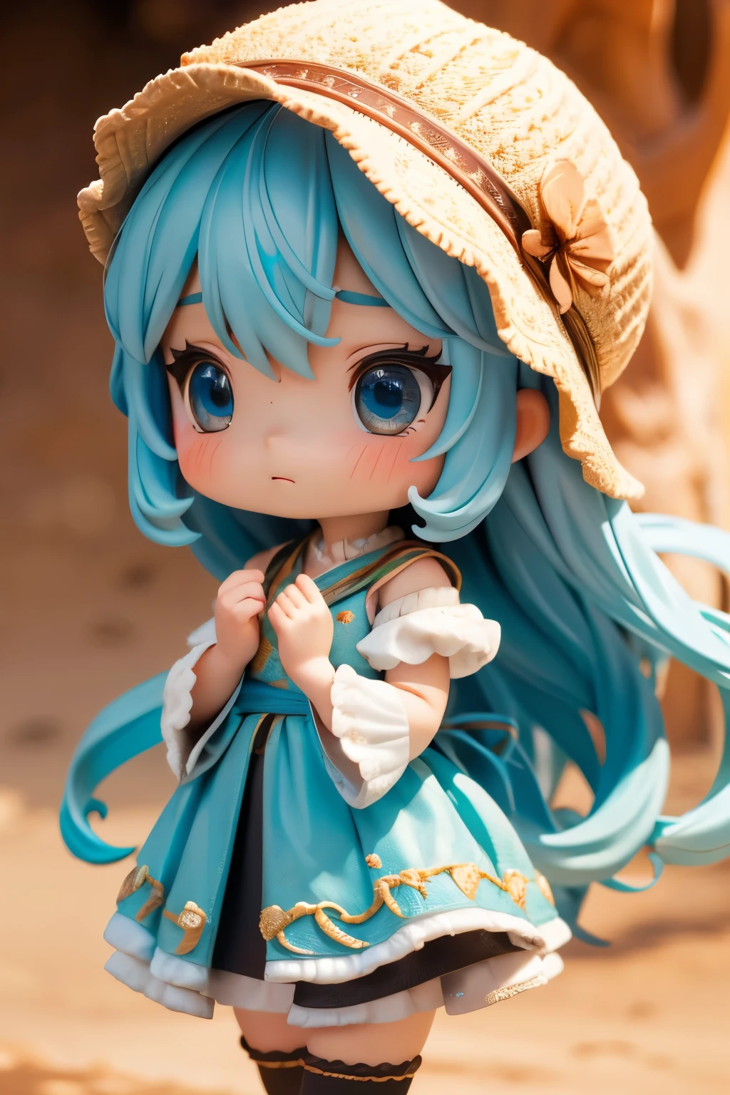 Chibi Girl、Walking along a straight road in Valley of Fire State Park、hat、Sweat、heat haze、No green、I can see a big rock mountain、Very detailed、Ultra-realistic、Photorealistic、8K、Hyperrealistic、masterpiece、Beautiful detailed eyes、Beautiful detailed lips、Very detailedな顔、Long eyelashes、Beautiful young girl、Calm expression、Warm colors、Beautiful lighting、Cinematic、Intricate details、Bright colors、Soft Focus、Depth of written boundary