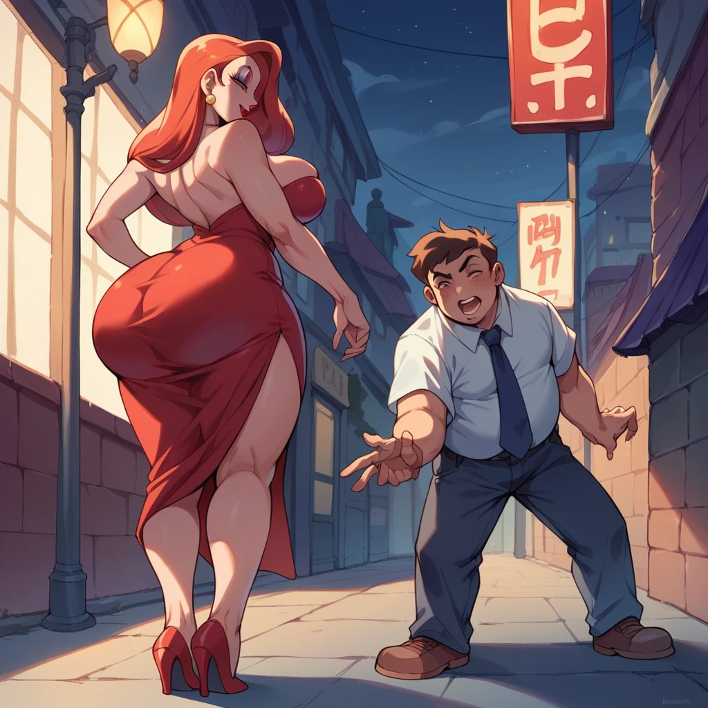 A fat young man walks down the street at night, he wears a shirt and tie. On the other street is Jessica Rabbit standing on the corner, she is wearing a red dress, she has big tits and a big ass, night