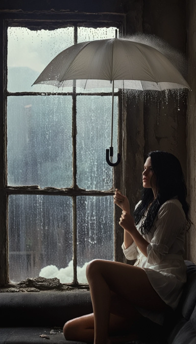 cinematic film still of  Juxtaposition of a woman sitting on a couch holding an umbrella with foamy cloud rain above,1girl,solo,long hair,black hair,sitting,indoors,window,umbrella,couch,rain,realistic,ruins Juxtaposition,artistic,photography,dramatic light,dramatic shadow light,contrast,saturated color,cinematic,filmic,photographic,realistic,realism,perfection,perfect,Juxtaposed,opposite,different things,side by side,syncretism,antithesis,Juxtaposition style,ruins , creative, photorealism, hyperrealism, Fine art photography style, Fine art cinematic photography style, shallow depth of field, vignette, highly detailed, high budget, bokeh, cinemascope, moody, epic, gorgeous, film grain, grainy