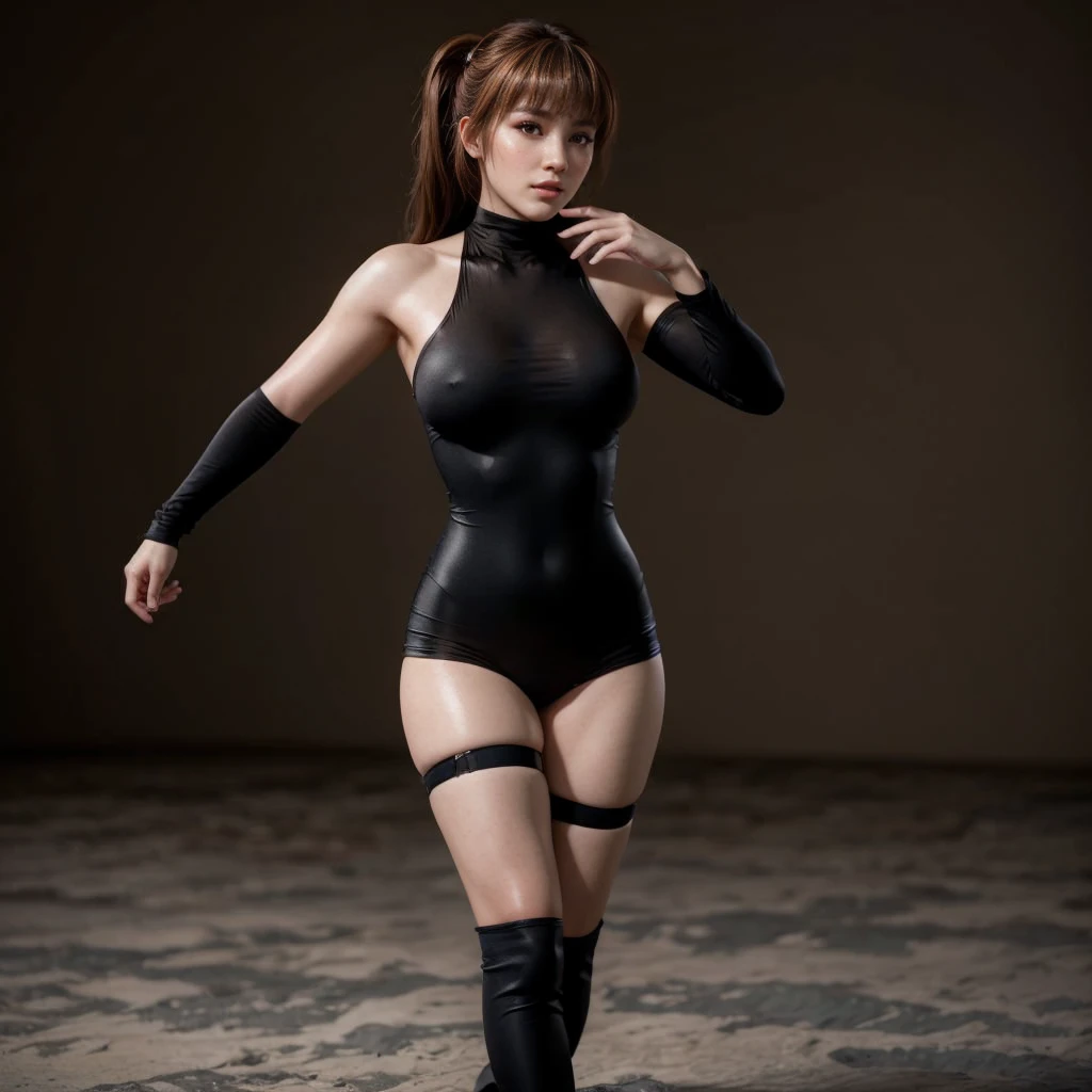 Kasumi, brown eyes, (best quality, ultra-detailed), (realistic:1.37), beautiful and detailed face, ultra-realistic texture, delicate face, delicate body, red lipstick, bright colors. High definition, 8K.