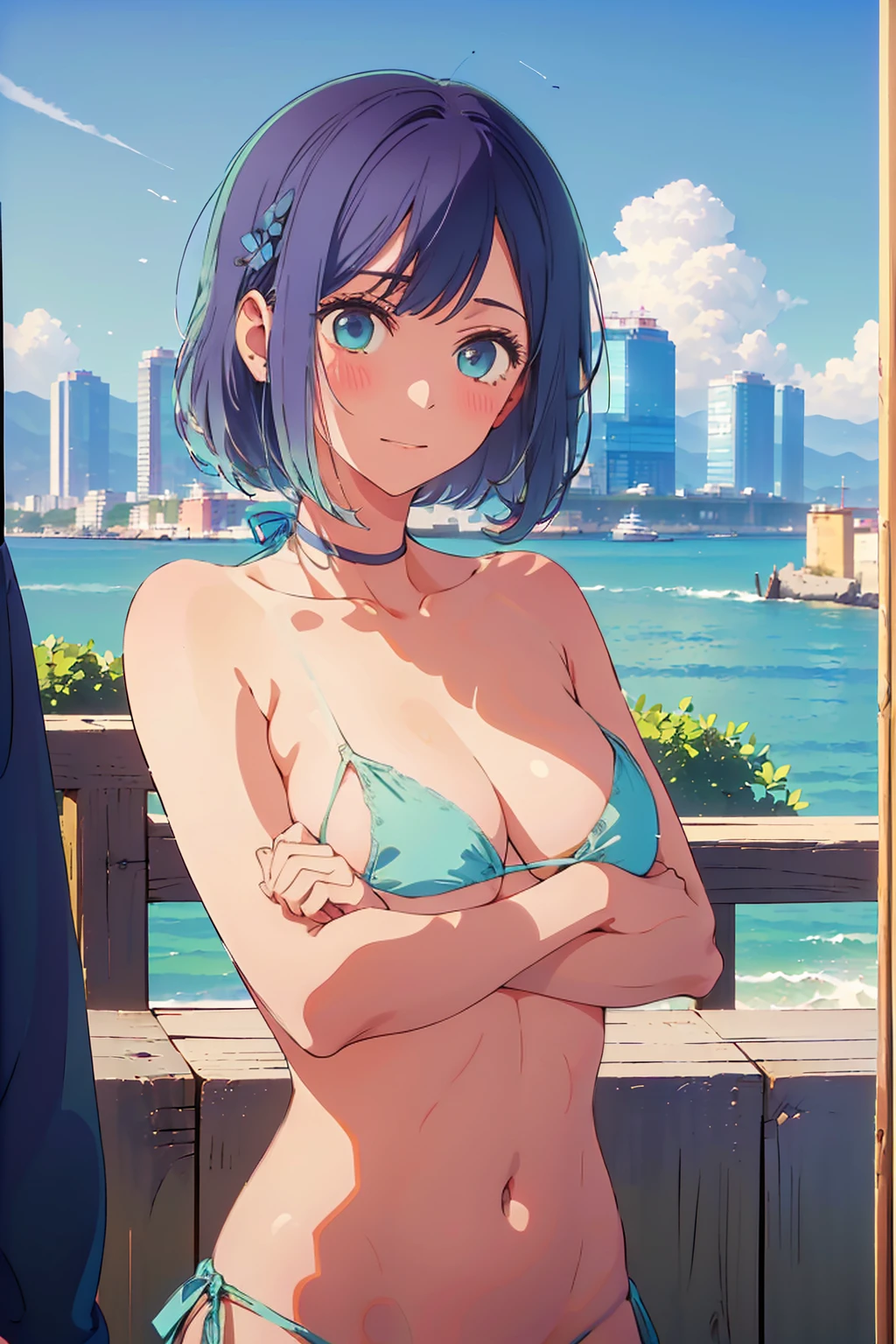 (Highest quality:1.4、masterpiece:1.4、Super detailed:1.4、Ultra-high resolution:1.4、8K:1.4)、Slim body、Big Breasts、((((1 person、Surprised expression、In the background are the urban buildings of Tokyo、looking at the camera、Seaside café terrace、Get up close and take a photo、Photographing the upper body、Very cute face))))、((((nude、very beautiful areola))))、(Pose with hair tucked behind ears with both hands:1.4)、(((bikini)))、valley、Very blue sky、A completely cloudless sky