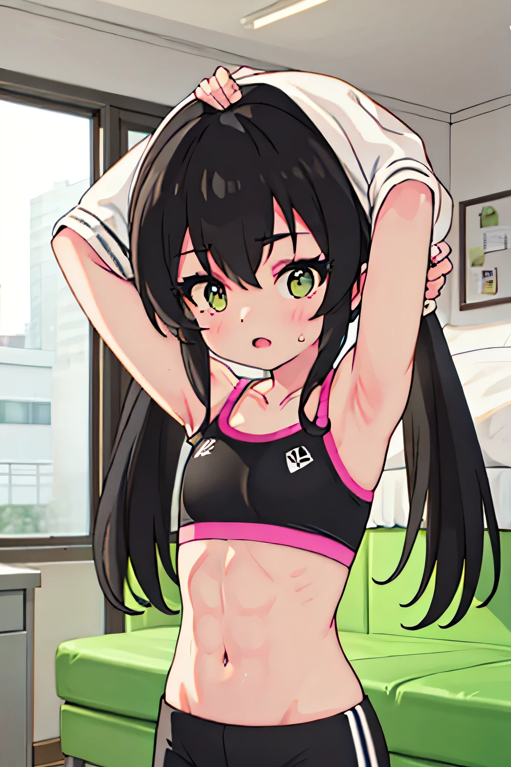 1 cute muscular girl,Has short black hair,coordination,Strong arms,Eight-pack abs,whole body
