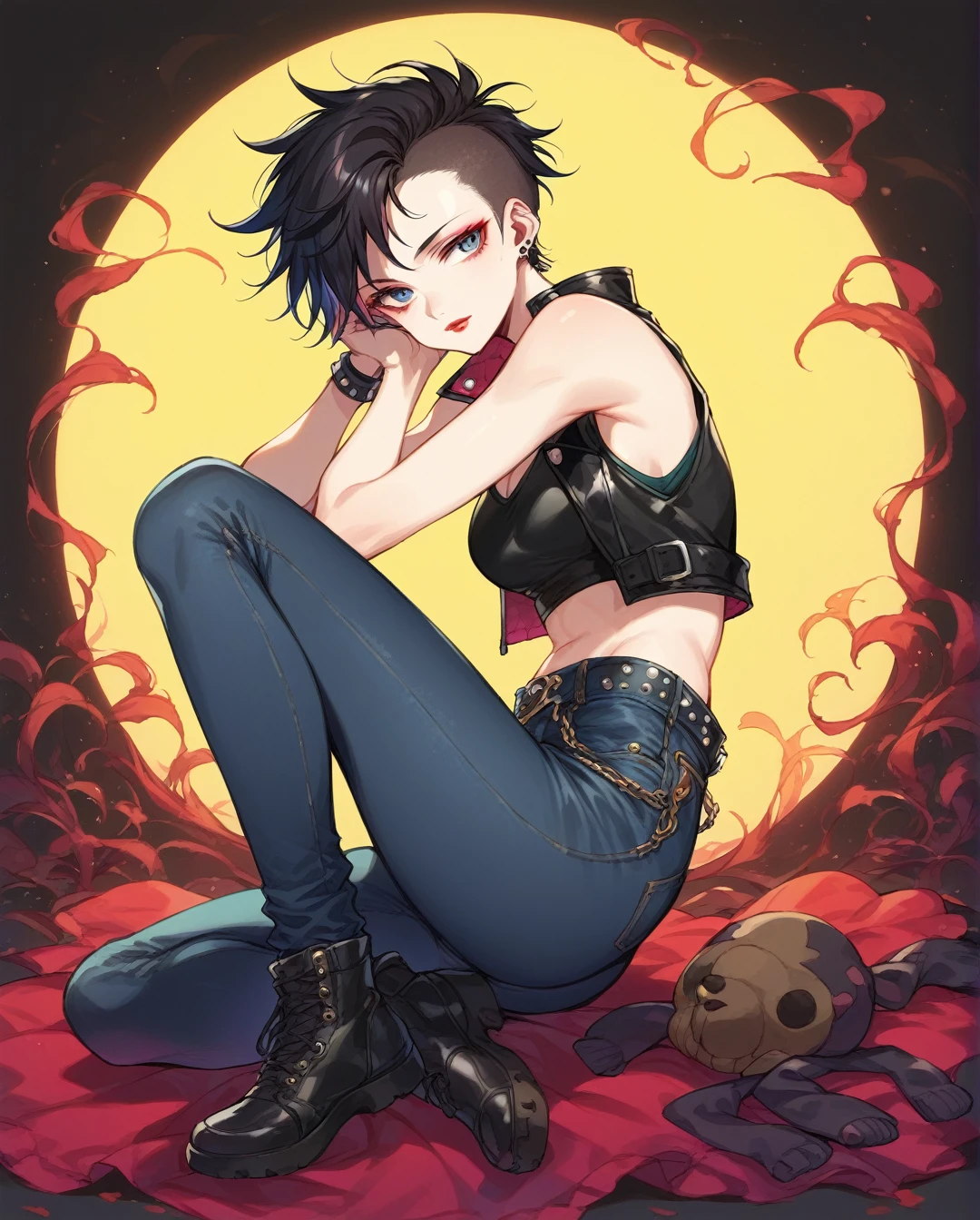 amano yoshitaka, a full-body, high-resolution anime style of a rebellious teenage female punk rocker with short curly black hair, thin face, intense red lips, sleeveless black top, and tight black denim pants, inspired by the works of Yoshiaki Kawajiri, vibrant and edgy, with dramatic lighting and dynamic composition