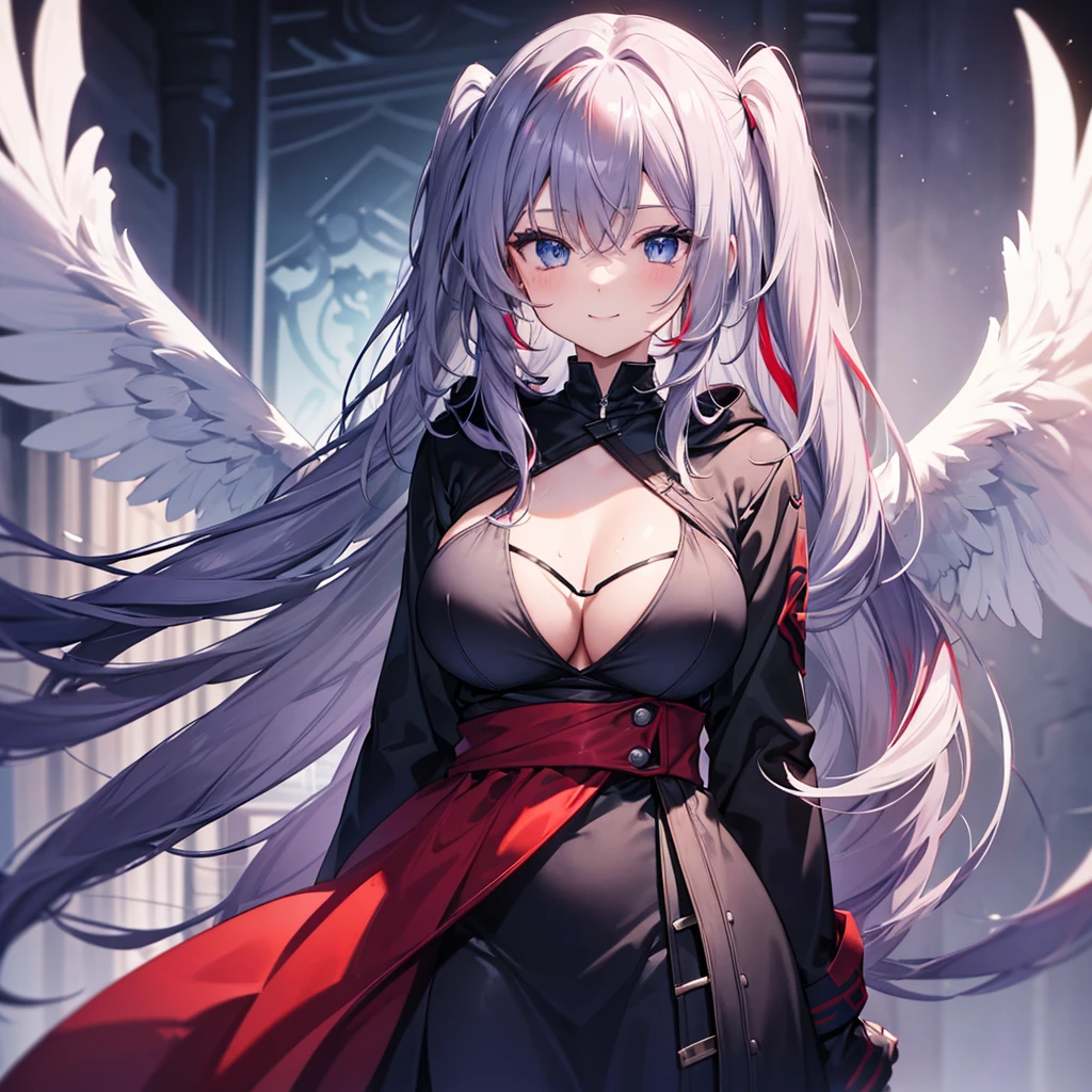 (((red)))　(((Gray Hair　Long hair on the shoulders　blue eyes　woman　Large Breasts　smile)))，((Give a hand　My own big wings))，(Wearing a hood　Black camisole　Purple light　Cute pose)，　Shining Background　Shining Edges