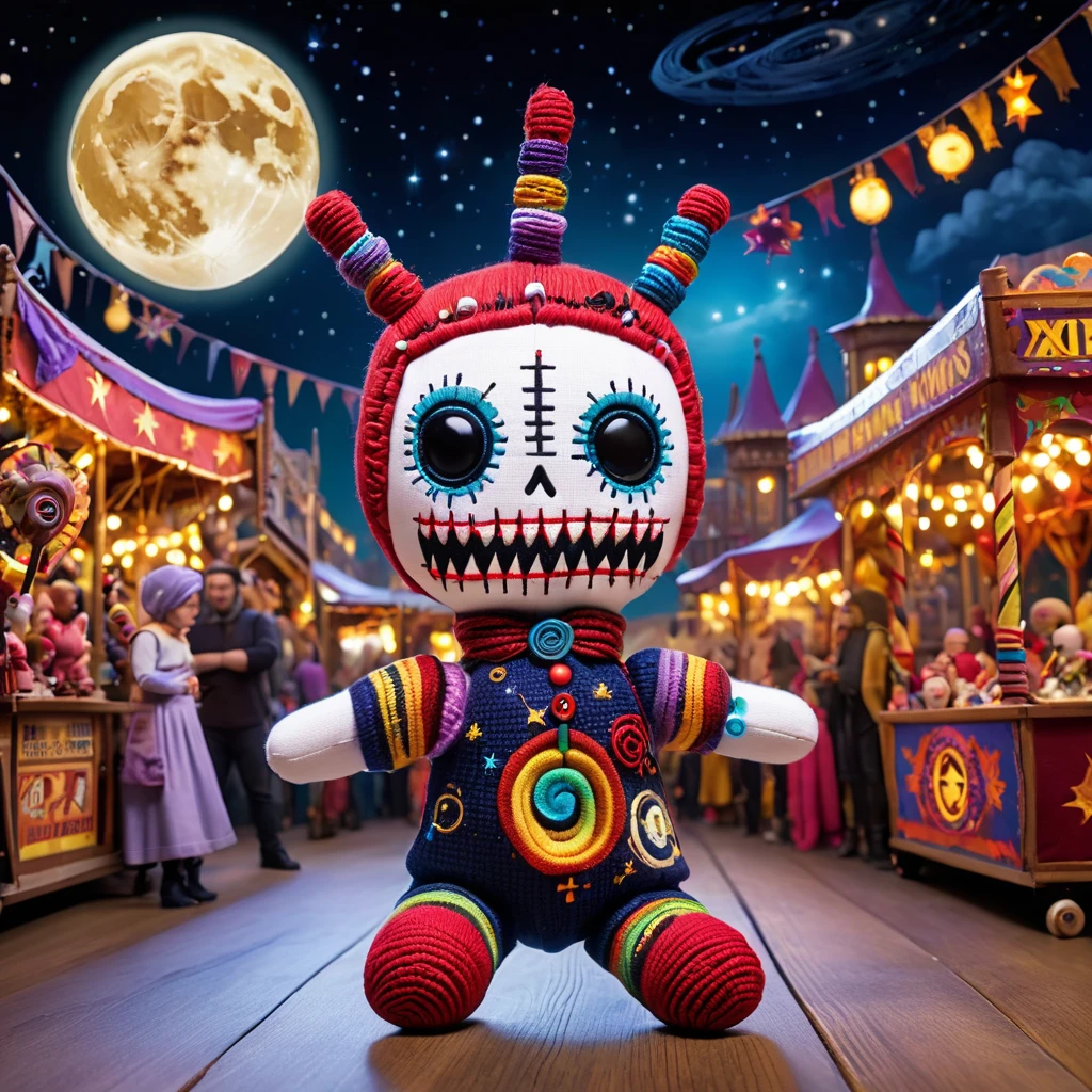 (knitted toy voodoo doll:1.7), (Voodoo at a Moon Fair:1.3), (Clothing: lunar-themed outfit with glowing moon phase patterns:1.0), (Accessories: enchanted lunar crystal emitting sparks of celestial magic, levitating lunar delicacies:1.1), (background: mystical moon fairground with floating lunar rides, glowing lunar market stalls, and spectral moon revelers:1.2), best quality, masterpiece, detailed soft oil painting, detailed background, dramatic cinematic lighting, soft edge lighting, professional, dramatic lighting, hard edge lighting, ultra quality, 4k, masterpiece, best quality, 8k, ultra high definition, high resolution, extremely detailed