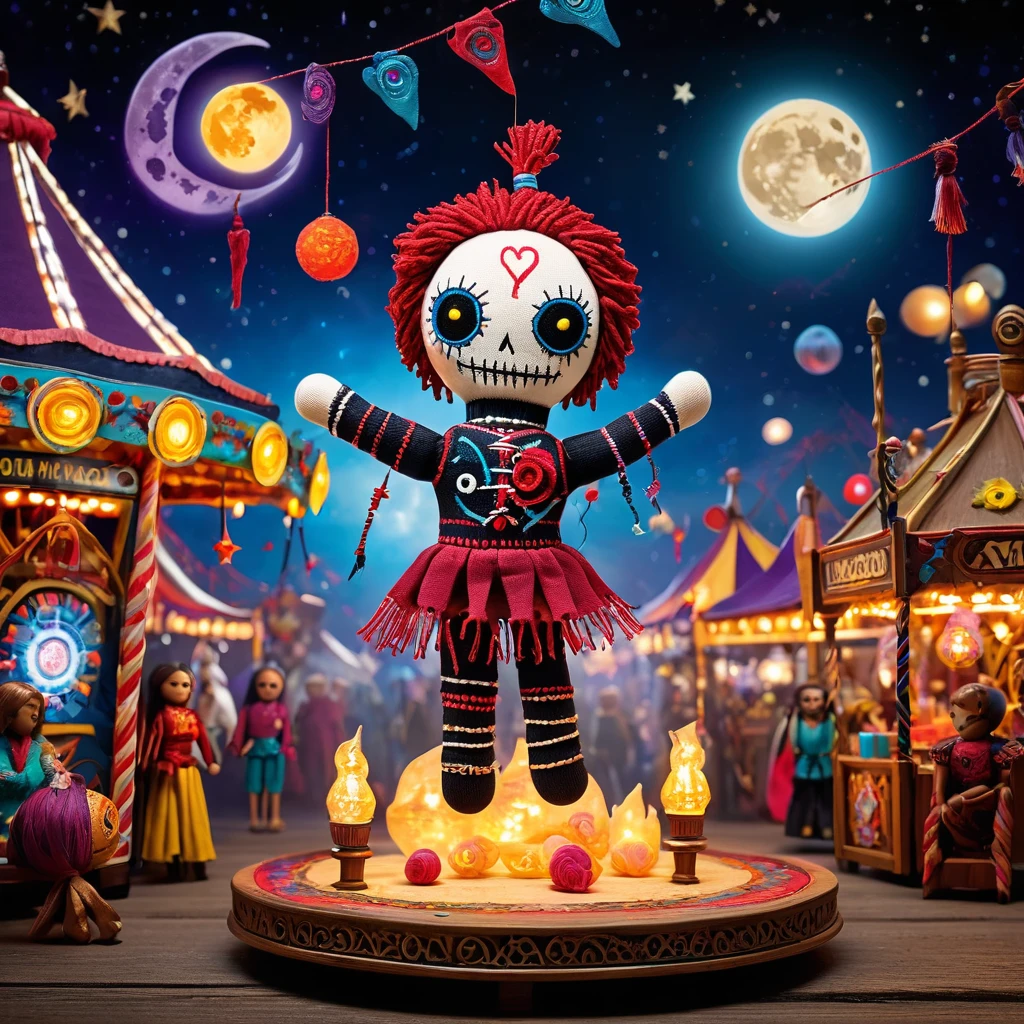 (knitted toy voodoo doll:1.7), (Voodoo at a Moon Fair:1.3), (Clothing: lunar-themed outfit with glowing moon phase patterns:1.0), (Accessories: enchanted lunar crystal emitting sparks of celestial magic, levitating lunar delicacies:1.1), (background: mystical moon fairground with floating lunar rides, glowing lunar market stalls, and spectral moon revelers:1.2), best quality, masterpiece, detailed soft oil painting, detailed background, dramatic cinematic lighting, soft edge lighting, professional, dramatic lighting, hard edge lighting, ultra quality, 4k, masterpiece, best quality, 8k, ultra high definition, high resolution, extremely detailed