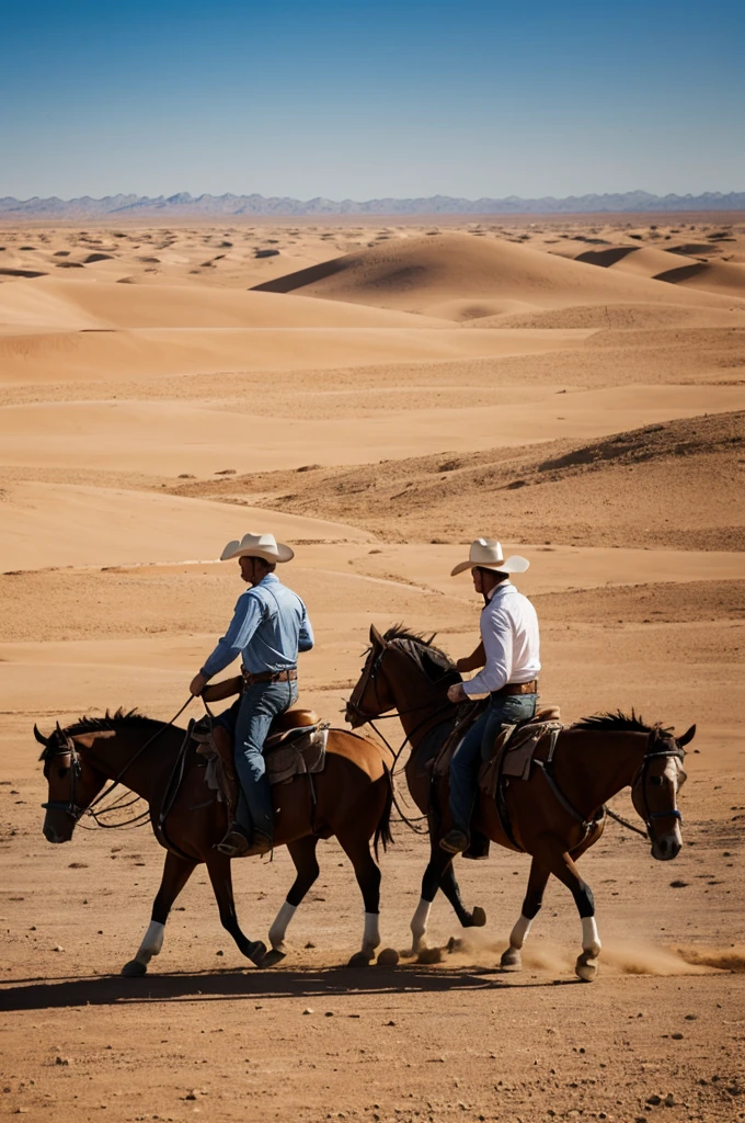 Two cowboys riding in a long dessert