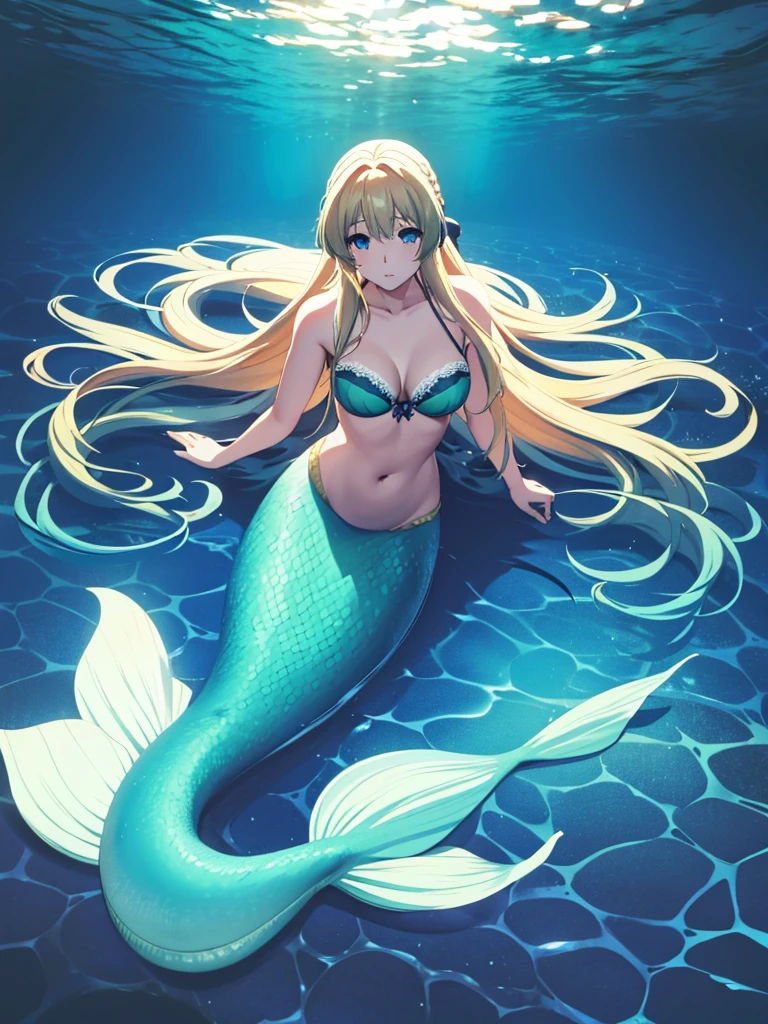violet evergarden, mermaid, underwater, masterpiece, best quality, 1girl, solo, blonde hair, long hair blue eyes, large breasts, bra, looking at viewer, green mermaid tail,