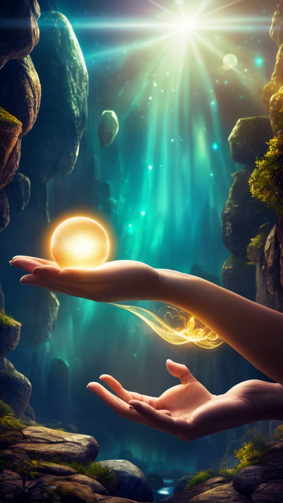 A surreal fantasy landscape, a young woman's hand reaching out to touch a glowing, ethereal orb, (best quality,4k,8k,highres,masterpiece:1.2),ultra-detailed,(realistic,photorealistic,photo-realistic:1.37),dramatic lighting, cinematic composition, glowing orb, dreamlike atmosphere, vibrant colors, dramatic shadows, detailed skin, flowing hair, long elegant fingers, mystical, magical realism