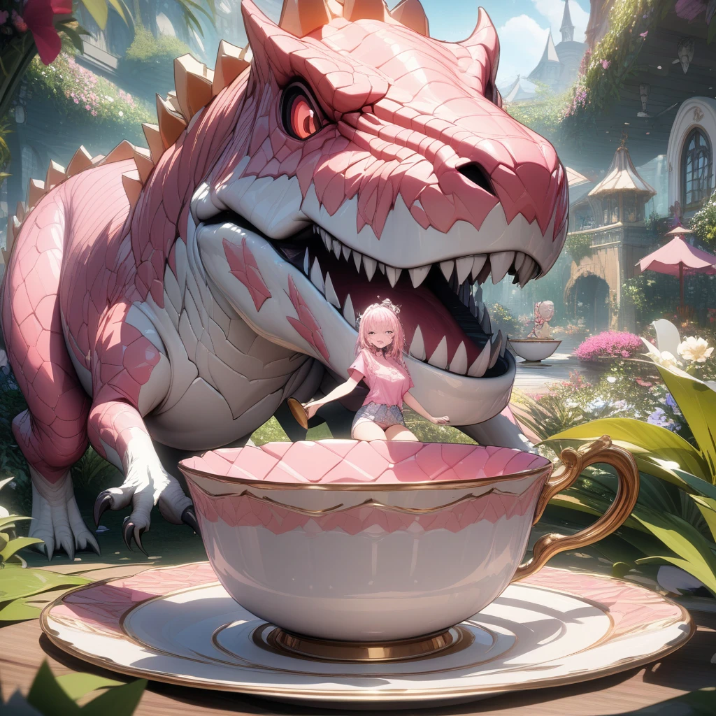 ((Masterpiece)), ((Best Quality)), (Very Detailed), ((Very Detailed)), 4K, (8K), very aesthetic, absurdres highres, A pink T-Rex inside a teacup with more specific elements such as a detailed pattern on the teacup, a playful expression on the T-Rex's face, and a whimsical garden background.
