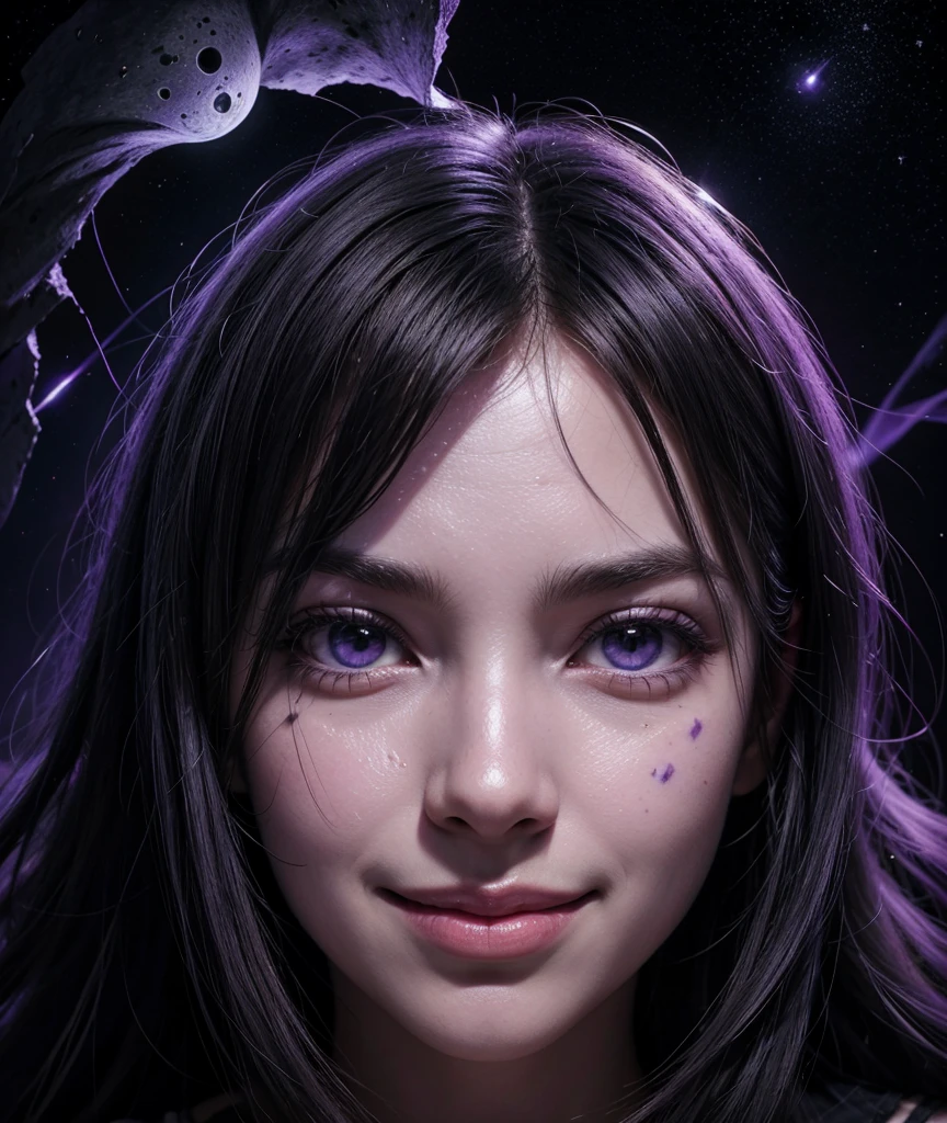 Draw a black moon with a smiling face, asymmetrical eyes and scars in the mouth. Add a purple glow around the moon and include stars and rays of purple light on the black background to create a space effect in the center and around it a black background