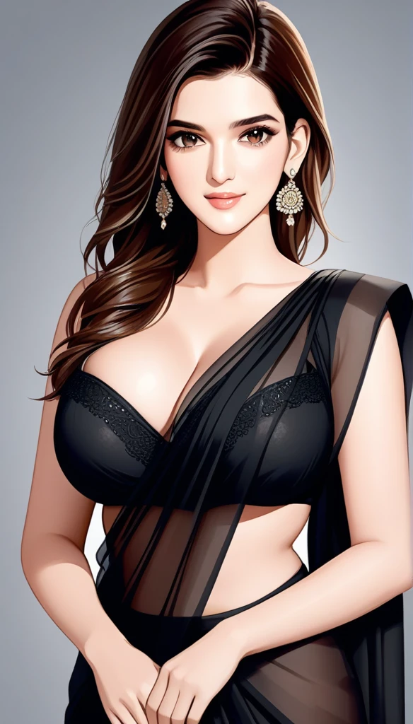 Kriti sanon wearing a beautiful saree,photorealistic, best quality, masterpiece, realistic, highres, absurdres, kr1t1 , ((vector)),Portrait of A stunning Indian woman, wearing transparent
black saree, Beautiful symmetric detailed eyes. Big breast, fit body.