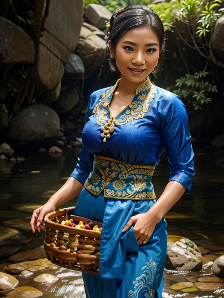 close up, Asian woman with a cheerful face, hair tied in a typical Javanese bun, wearing a blue Javanese kebaya with batik pattern, in a fast-flowing rocky river, carrying a big wooden basket full of fruit, a background of rocks, bamboo trees, bushes, very big breast