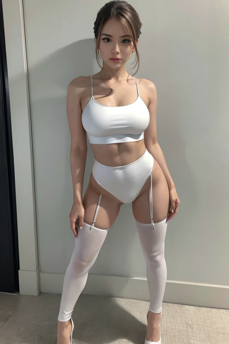 Woman in white 2 piece and stilettos, full body, pose