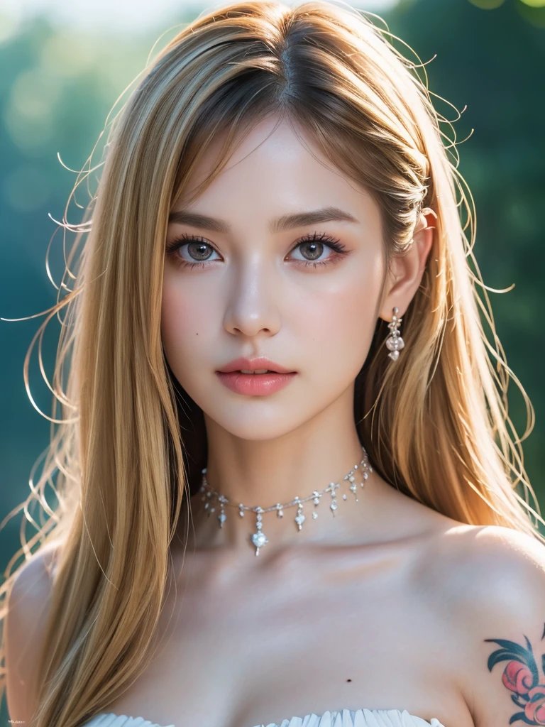 1girl, alone, solitary, high quality, (best quality,4k,8k,highres,masterpiece:1.2),ultra-detailed,(realistic,photorealistic,photo-realistic:1.37),gorgeous hair,blonde hair, blonde long straight hair with bangs,puffy eyes,mole on the cheek,plump lips,jewelry,(high detailed skin:1.4),(rim lighting:1.3),(lit:1.3),(sunny day:1.3),portrait,beautiful lips,waist-length hair,seductive gaze,moles,sundress,pastel dress,short dress,close up,really long hair,choker necklace,tattoos,tattooed,light eyes,bangs,fringe