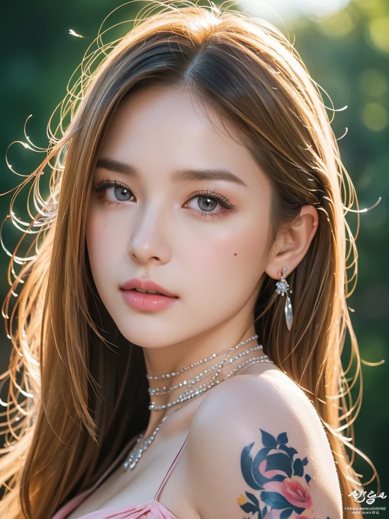 1girl, alone, solitary, high quality, (best quality,4k,8k,highres,masterpiece:1.2),ultra-detailed,(realistic,photorealistic,photo-realistic:1.37),gorgeous hair,blonde hair, blonde long straight hair with bangs,puffy eyes,mole on the cheek,plump lips,jewelry,(high detailed skin:1.4),(rim lighting:1.3),(lit:1.3),(sunny day:1.3),portrait,beautiful lips,waist-length hair,seductive gaze,moles,sundress,pastel dress,short dress,close up,really long hair,choker necklace,tattoos,tattooed,light eyes,bangs,fringe