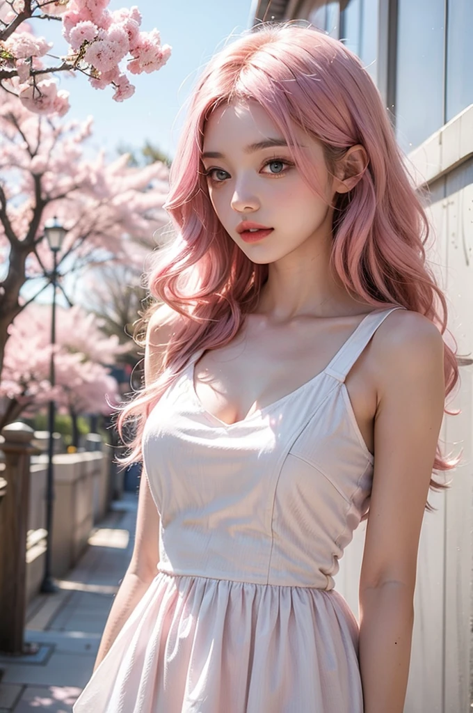 light pink hair, pink eyes, pink and white, Sakura leaves, bright colors, White dress, Paint splashes, Simple background, Ray tracing, curls
