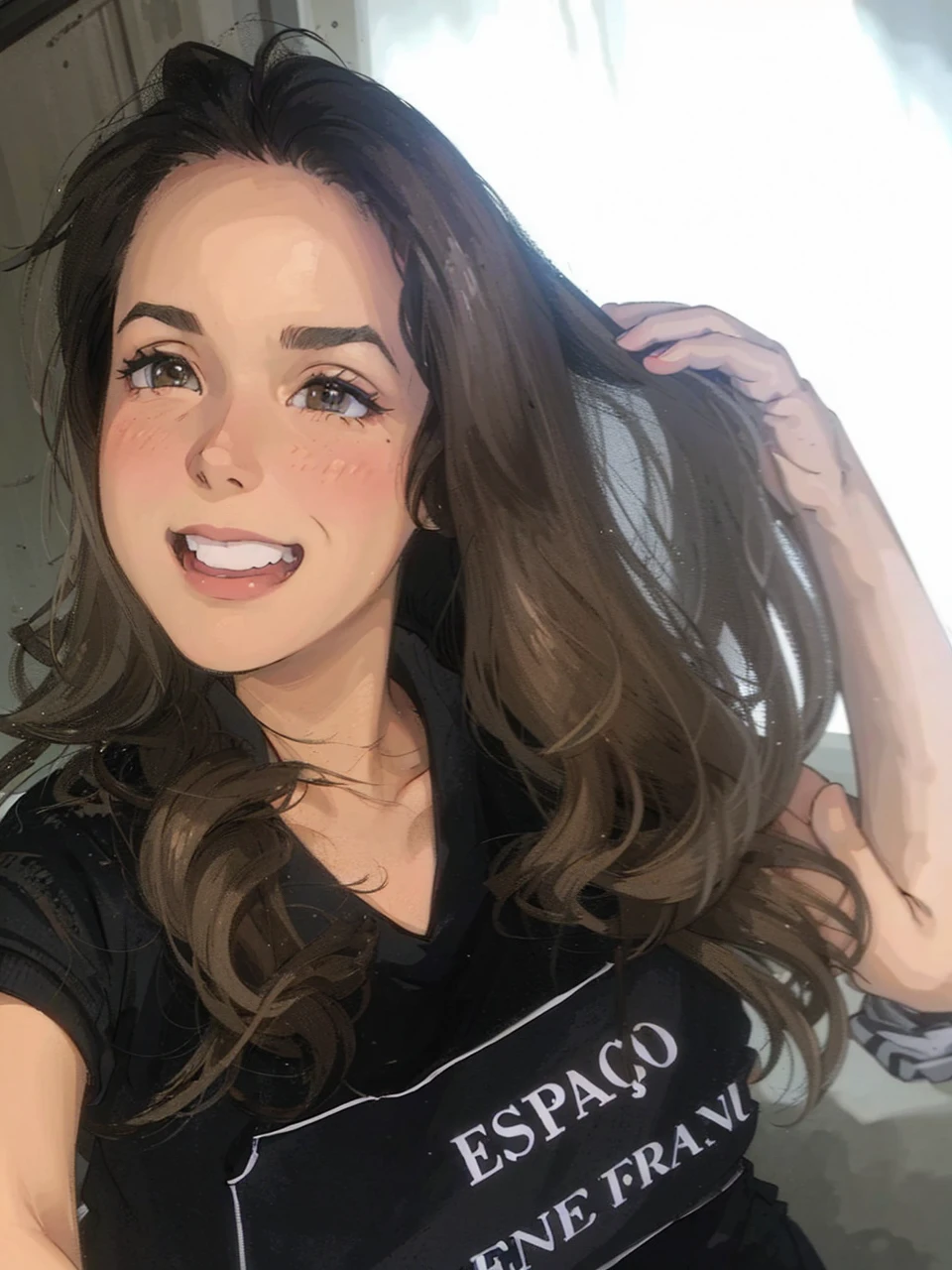 (best quality:0.8) perfect anime illustration, a pretty, happy woman with short curly brown hair on the street in the city, wearing a hoodie, skirt