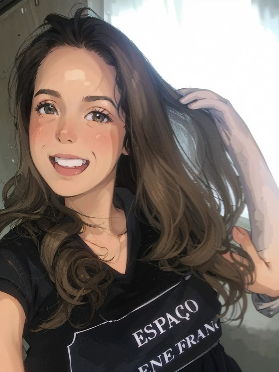 (best quality:0.8) perfect anime illustration, a pretty, happy woman with short curly brown hair on the street in the city, wearing a hoodie, skirt