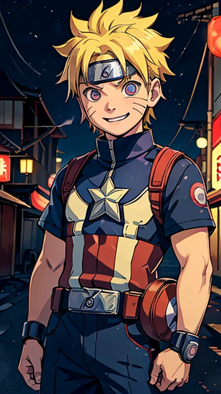 (8k),(masterpiece),(Japanese),(8--old ),((innocent look)),((Childish)),From the front,smile,cute,Innocent,Kind eyes,Flat chest, Uzumaki Naruto wearing Captain America Costume,Short,Hair blowing in the wind,Yellow Hair,Strong wind,night,dark, Neon light cyberpunk Konoha village