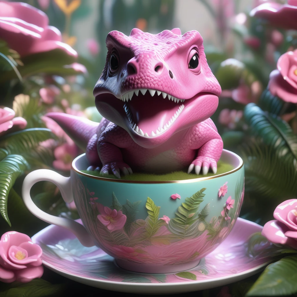 ((Masterpiece)), ((Best Quality)), (Very Detailed), ((Very Detailed)), 4K, (8K), very aesthetic, absurdres highres, A pink T-Rex inside a teacup with more specific elements such as a detailed pattern on the teacup, a playful expression on the T-Rex's face, and a whimsical garden background.
