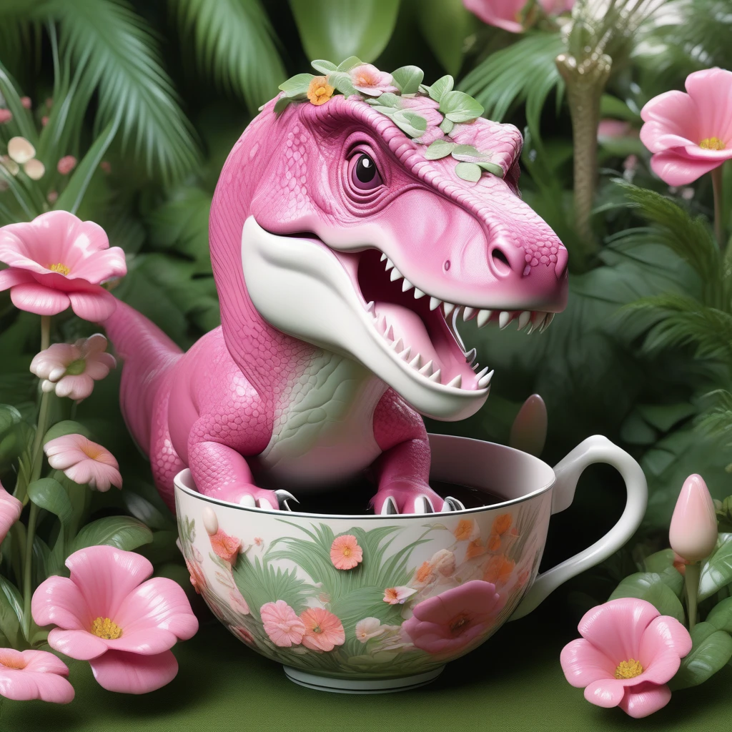 ((Masterpiece)), ((Best Quality)), (Very Detailed), ((Very Detailed)), 4K, (8K), very aesthetic, absurdres highres, A pink T-Rex inside a teacup with more specific elements such as a detailed pattern on the teacup, a playful expression on the T-Rex's face, and a whimsical garden background.