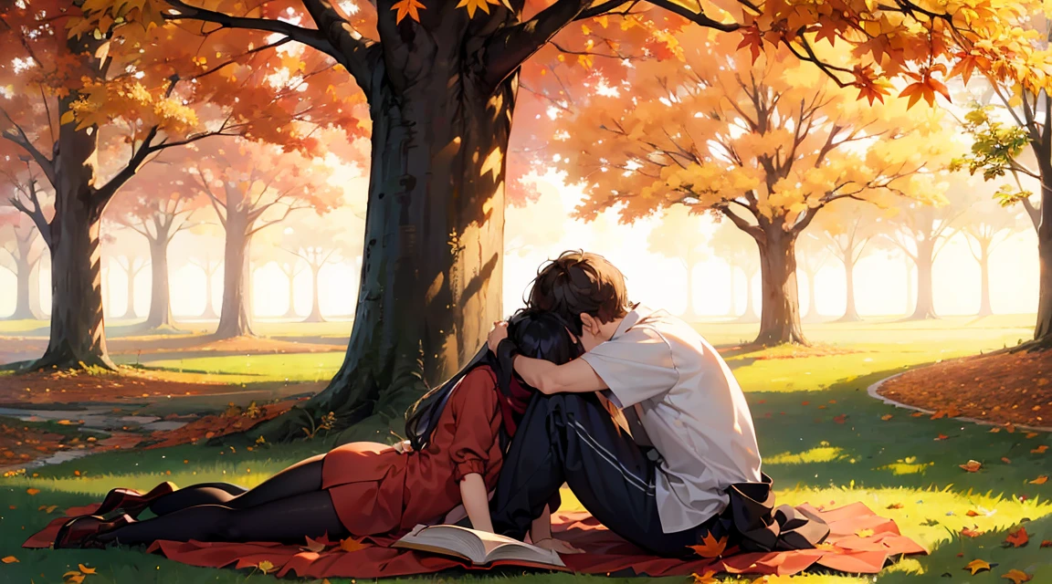Canada、autumn leaves、Maple、hill、Maple、Leaves fall、One man and one woman, A man is sitting under a tree and reading。Woman sleeping on man's lap、Blissful expression、Korean Drama、Tokkebi、Gong Yoo、Kim Go Eun, Man in a stylish suit, Woman wearing a long-sleeved sweater, Pleated skirt, Red scarf、