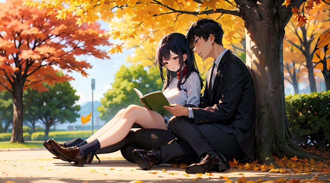 Canada、autumn leaves、Maple、hill、Maple、Leaves fall、One man and one woman, A man is sitting under a tree and reading。Woman sleeping on man's lap、Blissful expression、Korean Drama、Tokkebi、Gong Yoo、Kim Go Eun, Man in a stylish suit, Woman wearing a long-sleeved sweater, Pleated skirt, Red scarf、