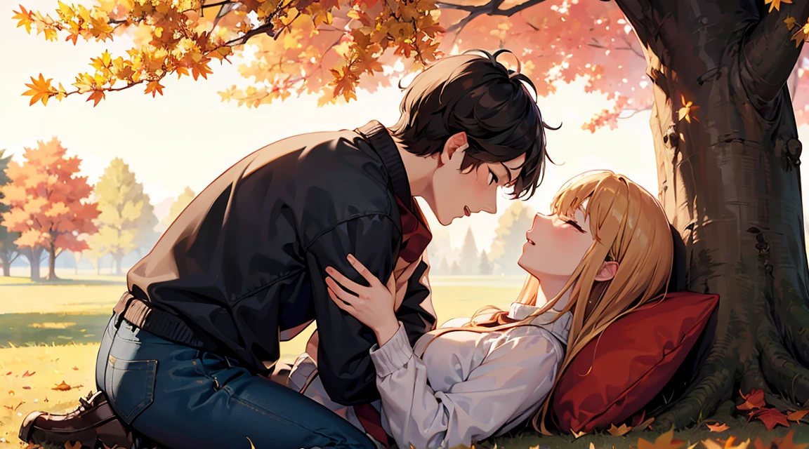 Canada、autumn leaves、Maple、hill、Maple、Leaves fall、One man and one woman, A man is sitting under a tree and reading。Woman sleeping on man's lap、Blissful expression、Korean Drama、Tokkebi、Gong Yoo、Kim Go Eun, Man in a stylish suit, Woman wearing a long-sleeved sweater, Pleated skirt, Red scarf、