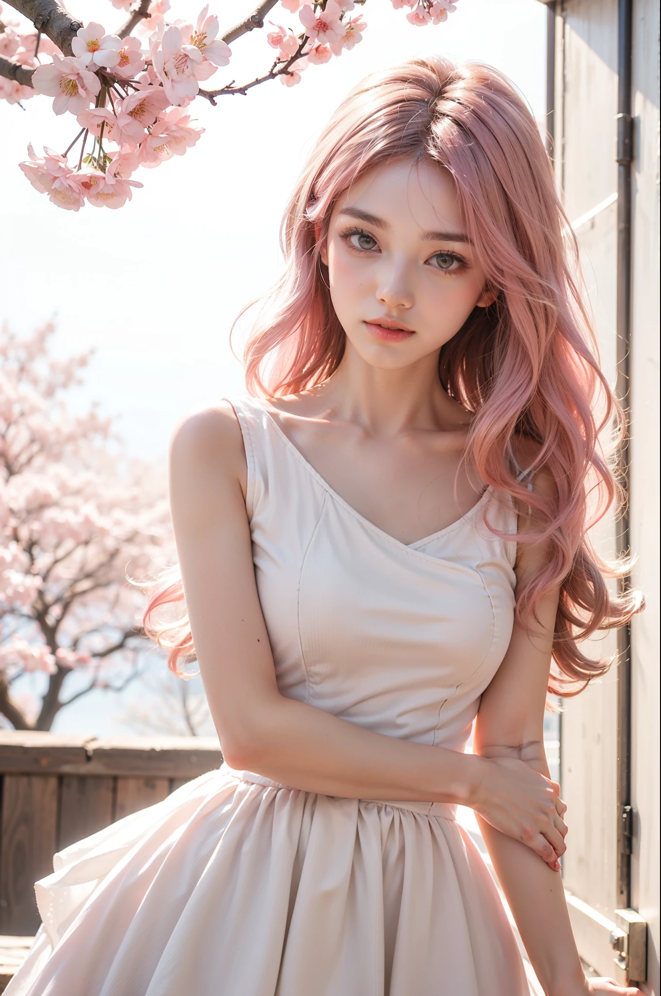 light pink hair, pink eyes, pink and white, Sakura leaves, bright colors, White dress, Paint splashes, Simple background, Ray tracing, curls