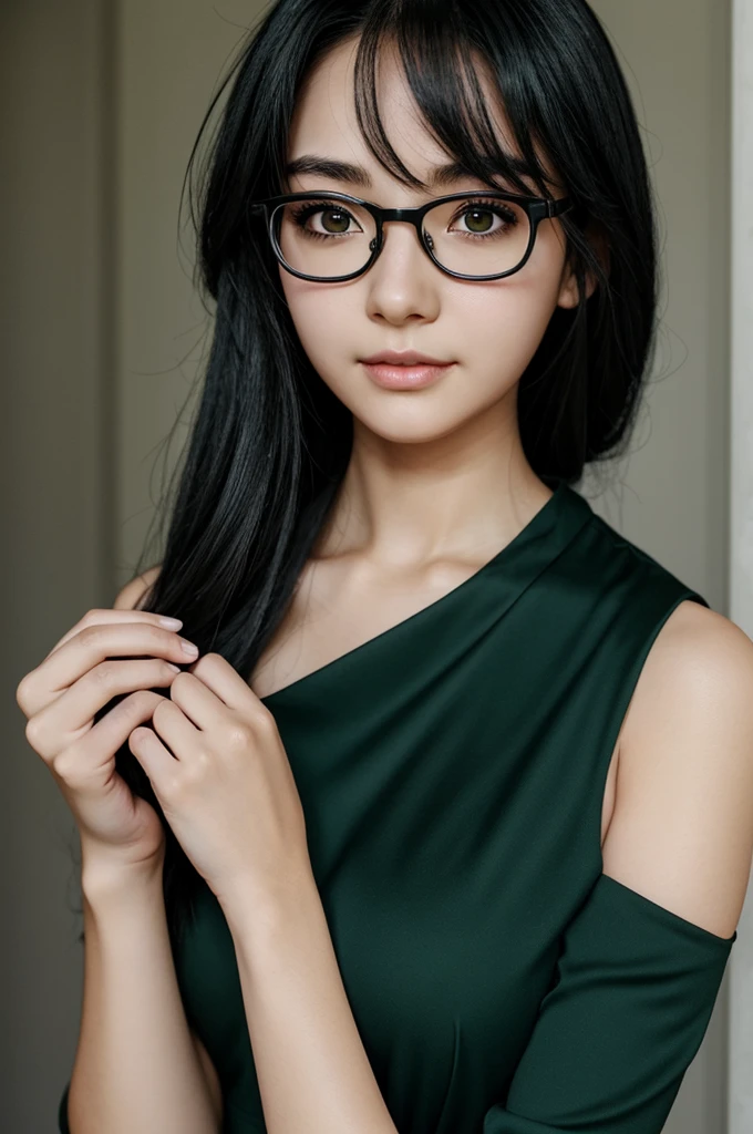 make an anime girl who has grey skin, dark black hair, black eyes with red pupils, wearing glasses, and is wearing a long dark green dress.