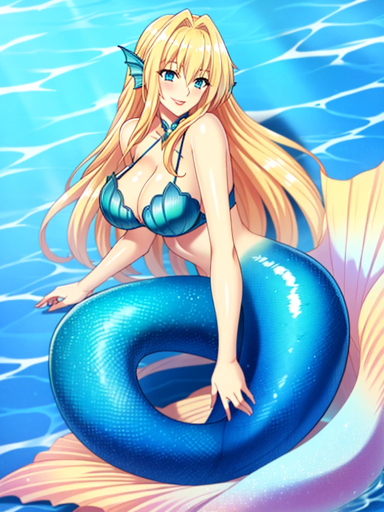 mermaid, blonde hair, long hair, wavy hair, blue eyes, red lips, smile, blush, large breasts, bra, underwater, green mermaid, mermaid tail, 