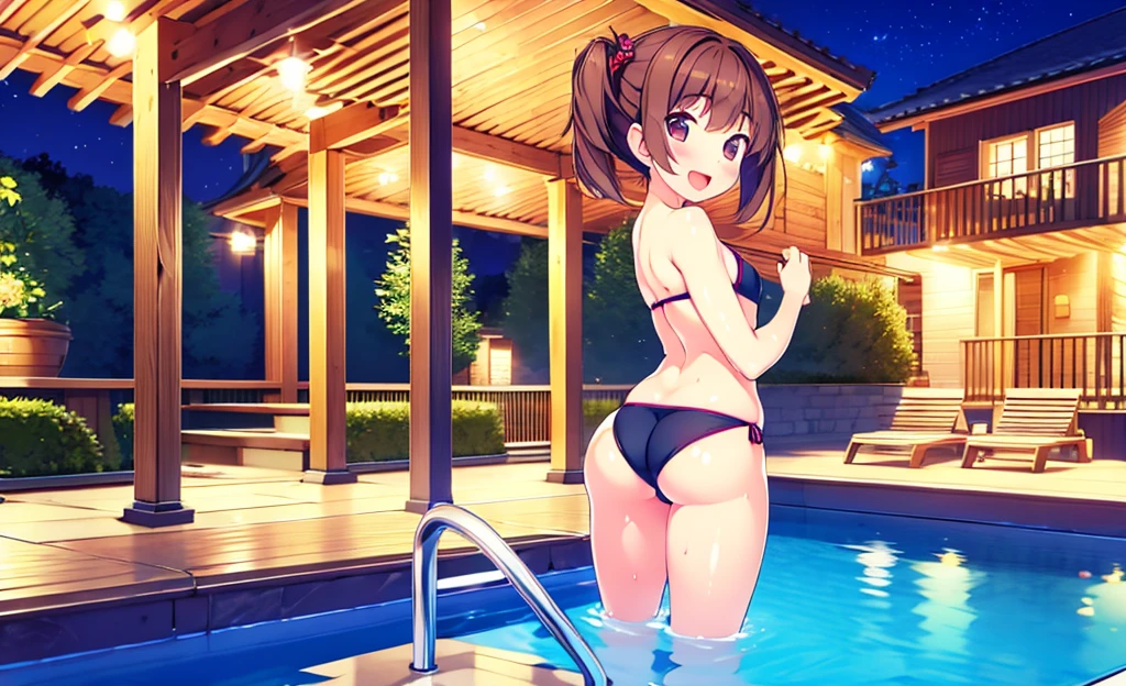 Masterpiece, Best Quality, extremely detailed, cheered up, girl,night pool,high waist bikini,SMILE,:d,action,(small breasts),ass focus