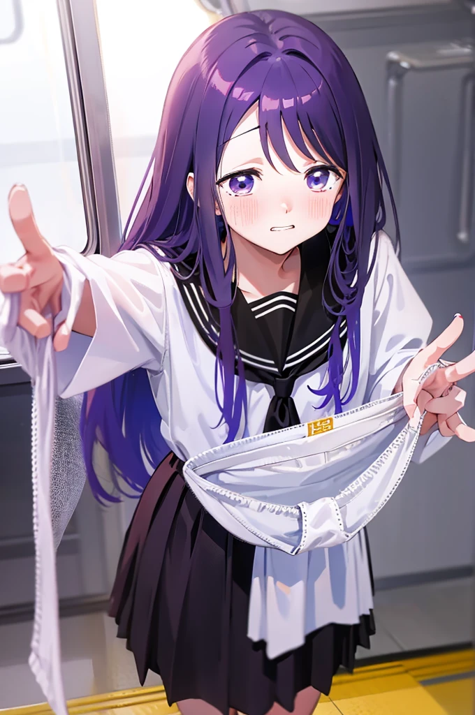 Holding white panties、Black Skirt、Take off the white panties、Smirking face、Blushing、Black Skirt、Light purple hair、Semi-long hair、、Japanese school uniform、schoolgirl、on the train、Strap、、８K,Masterpiece、Light purple hair、Semi-long hair、、Japanese 、、、、、白色のShowing panties、、Blushing、、Showing panties、Pull up your skirt、Blushing、on the train、Strap