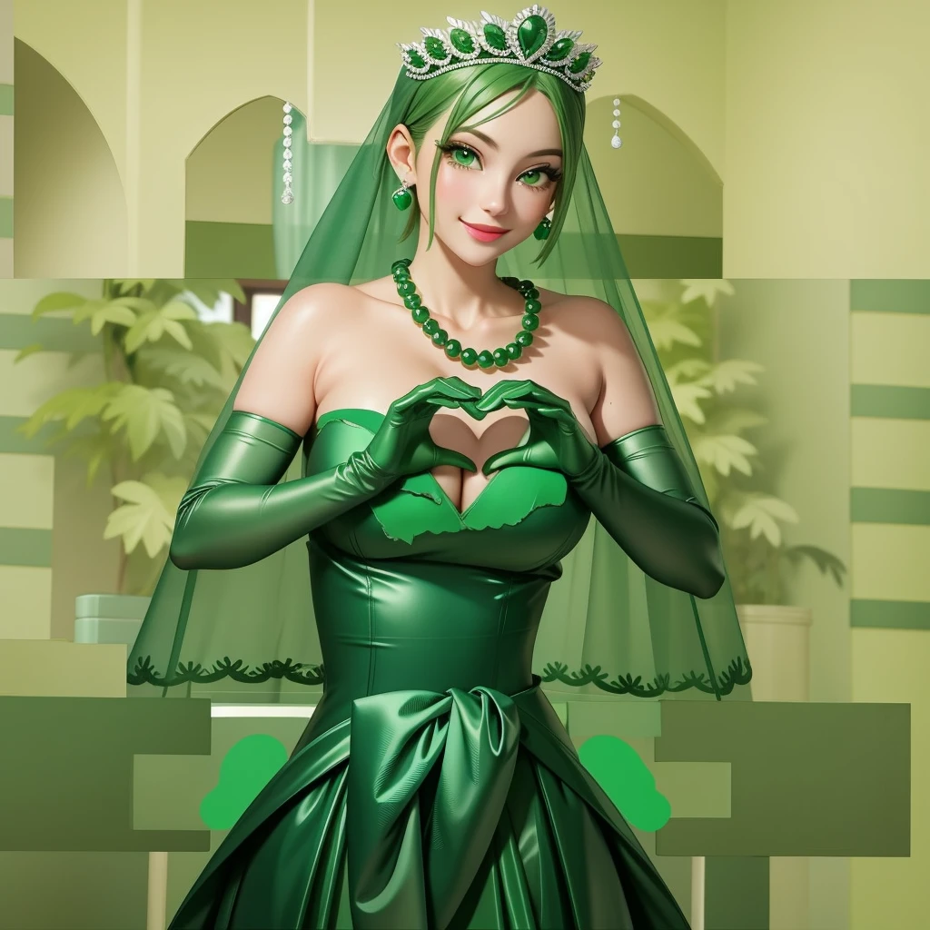 Emerald tiara, Green Pearl Necklace, ボーイッシュな非常に短いGreen Hair, Green Lips, Smiling Japanese woman, Very short hair, Busty beautiful lady, Green Eyes, Green satin long gloves, Green Eyes, Emerald Earrings, Green veil, Heart with both hands, Green Hair, Beautiful Japanese Women, Heart shaped hands:1.3, green lip gloss