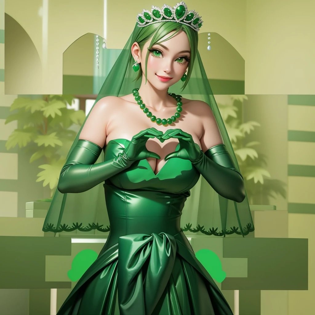 Emerald tiara, Green Pearl Necklace, ボーイッシュな非常に短いGreen Hair, Green Lips, Smiling Japanese woman, Very short hair, Busty beautiful lady, Green Eyes, Green satin long gloves, Green Eyes, Emerald Earrings, Green veil, Heart with both hands, Green Hair, Beautiful Japanese Women, Heart shaped hands:1.3, green lip gloss