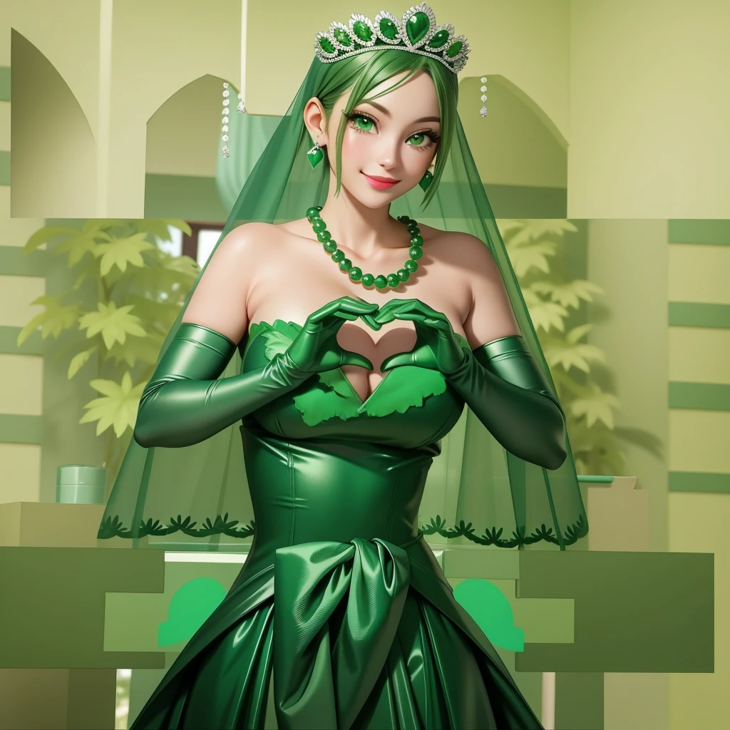 Emerald tiara, Green Pearl Necklace, ボーイッシュな非常に短いGreen Hair, Green Lips, Smiling Japanese woman, Very short hair, Busty beautiful lady, Green Eyes, Green satin long gloves, Green Eyes, Emerald Earrings, Green veil, Heart with both hands, Green Hair, Beautiful Japanese Women, Heart shaped hands:1.3, green lip gloss