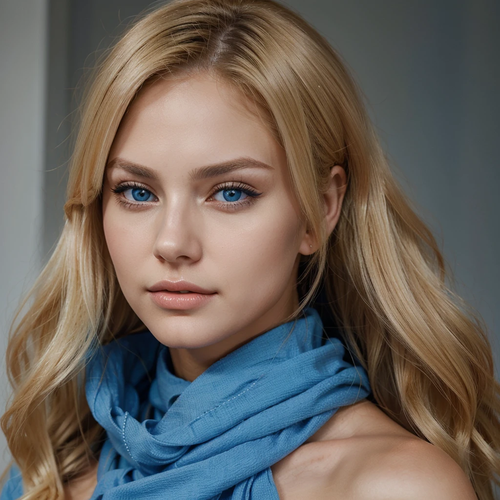 extremely beautiful woman, her hair is deep blonde, Her lips are prominent and stand out on her beautiful face., His eyes are an intense blue and he has Russian characteristics such as cold-toned skin..