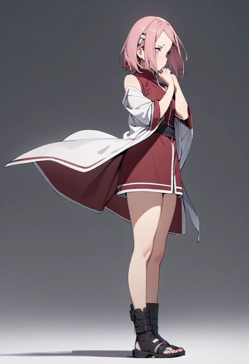 (masterpiece:1.2),(best quality:1.2),(masterpiece, best quality, ultra-high resolution), (1girl), (1 character), (Sakura Haruno), (White background), (No background), (Full body), natural pose, Standing, pink hair, naruto character, perfect details in clothing