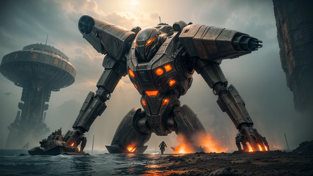 (((coming out of the water, KNOCKING DOWN WAR MACHINES))) (((SOPHISTICATED COMBAT PIECE))), ((CARVED STEEL, IMPOSSIBLE), (FORCED PERSPECTIVE VIEW FROM BELOW OF STRAIGHT-LINE BIOMECHANICS OF ALIEN WAR biomechanics of disgusting alien biology) biomechanical alien, unknown, extraterrestrial biology on unknown planet, HEAVY atmosphere with dust particles suspended in the air red - orange WITH SULFUR