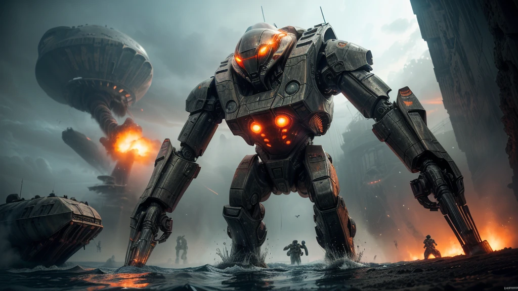 (((coming out of the water, KNOCKING DOWN WAR MACHINES))) (((SOPHISTICATED COMBAT PIECE))), ((CARVED STEEL, IMPOSSIBLE), (FORCED PERSPECTIVE VIEW FROM BELOW OF STRAIGHT-LINE BIOMECHANICS OF ALIEN WAR biomechanics of disgusting alien biology) biomechanical alien, unknown, extraterrestrial biology on unknown planet, HEAVY atmosphere with dust particles suspended in the air red - orange WITH SULFUR