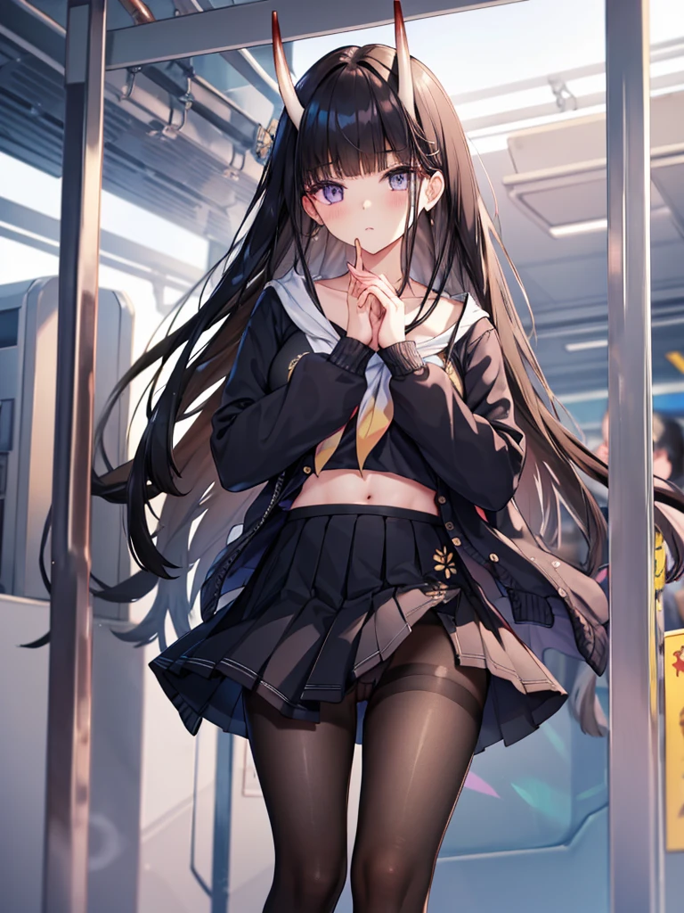 masterpiece, best quality, 1girl, solo, long hair, looking at viewer, skirt, black hair, , purple eyes, pantyhose, pleated skirt, horns, serafuku, cardigan, oni horns, open cardigan, black panty, floral lace undies, cameltoe, show panties, standing sexily, open legs, spread legs, miniskirt, lifting skirt with both hands, (lift skirt), hold skirt with both hands, inside the train