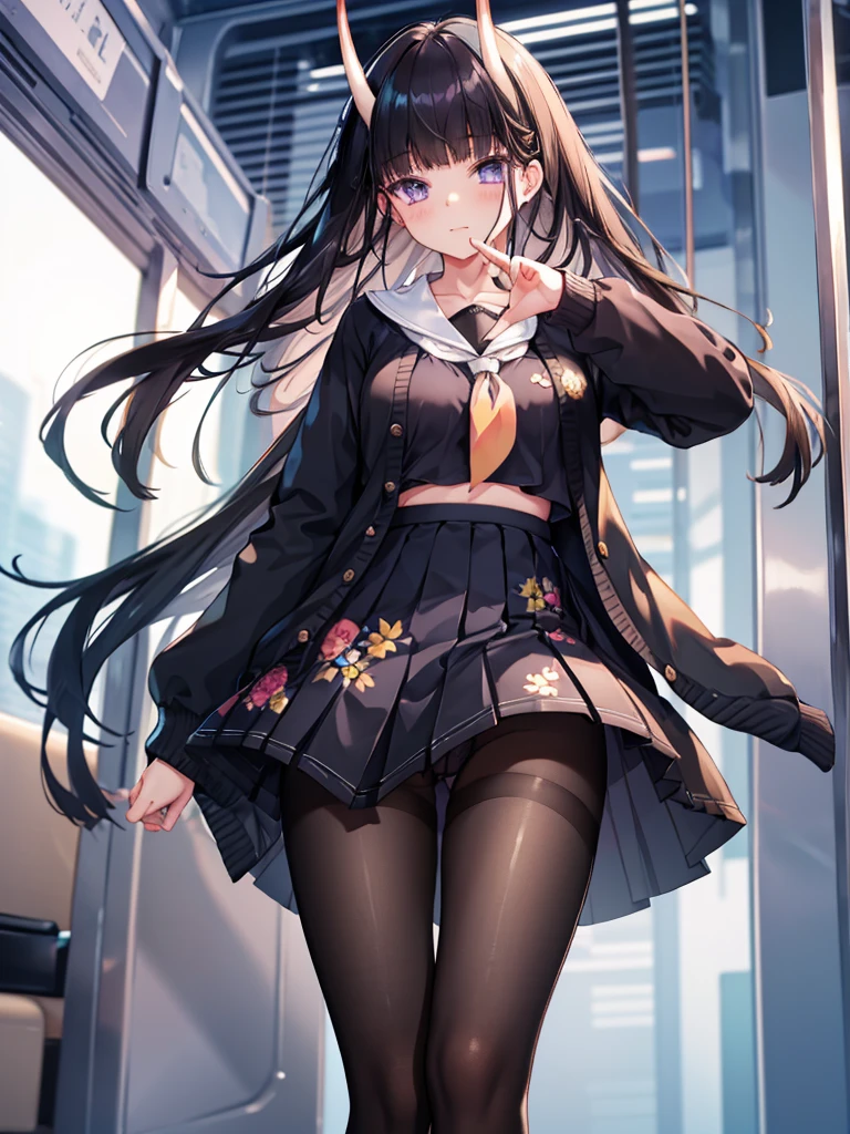 masterpiece, best quality, 1girl, solo, long hair, looking at viewer, skirt, black hair, , purple eyes, pantyhose, pleated skirt, horns, serafuku, cardigan, oni horns, open cardigan, black panty, floral lace undies, cameltoe, show panties, standing sexily, open legs, spread legs, miniskirt, lifting skirt with both hands, (lift skirt), hold skirt with both hands, inside the train