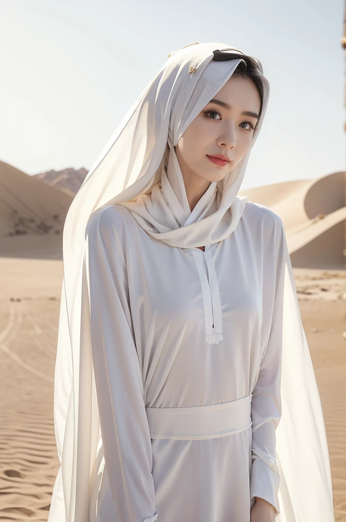 (((best quality))),(((ultra detailed))),(((masterpiece))),illustration,((1 Arabian girl,solo)),((slim,thin,small breasts,flat chest)),summer,(in desert:1.3),white headscarf,(white abaya:1.3),slender legs,(arms behind back:1.2),radiant smile,fair complexion,sun rays,gentle breeze,elegant attire,vast expanse,golden sand,azure sky,dunes,stillness,graceful elegance,((from front,upper body)),