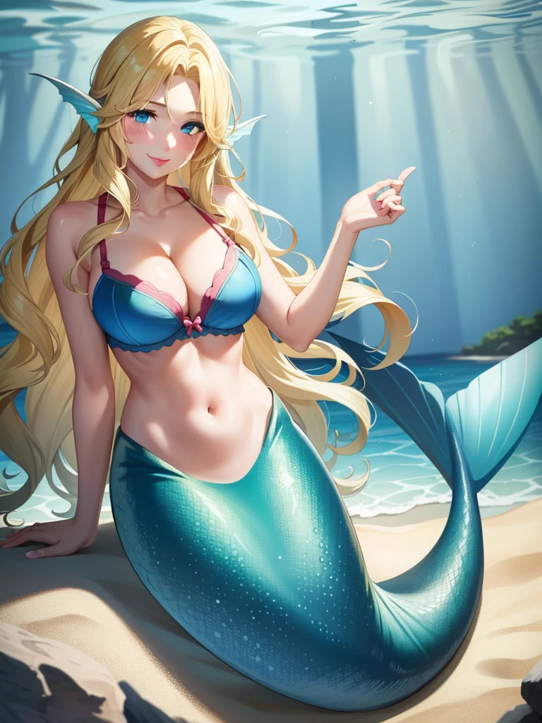mermaid, blonde hair, long hair, wavy hair, blue eyes, red lips, smile, blush, large breasts, bra, underwater, green mermaid, mermaid tail,