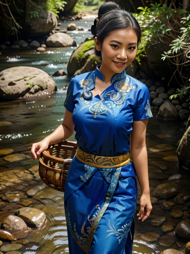 close up, Asian woman with a cheerful face, hair tied in a typical Javanese bun, wearing a blue Javanese kebaya with batik pattern, in a fast-flowing rocky river, carrying a big wooden basket full of fruit, a background of rocks, bamboo trees, bushes, very big breast